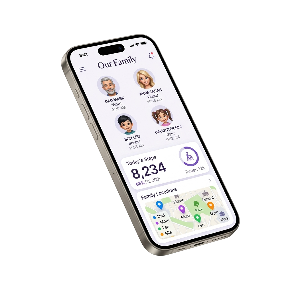 FamilyUnion app showing family dashboard with member locations and activity tracking